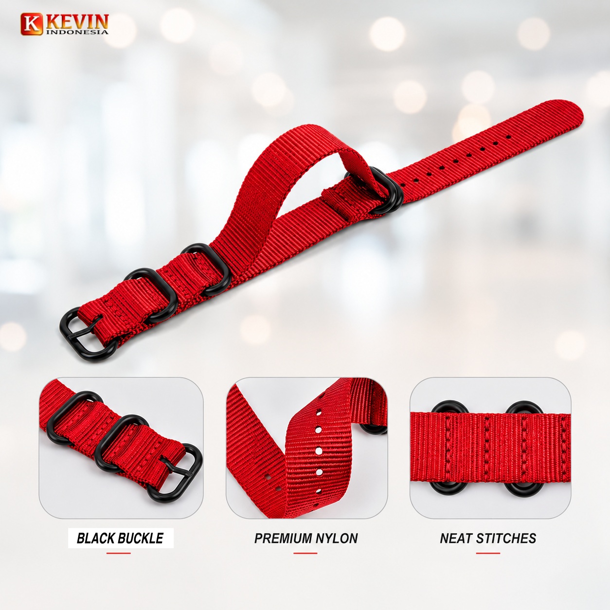 KEVIN ZULU Tali Strap Jam Tangan 22mm Black Metal Buckle - Gambar 5