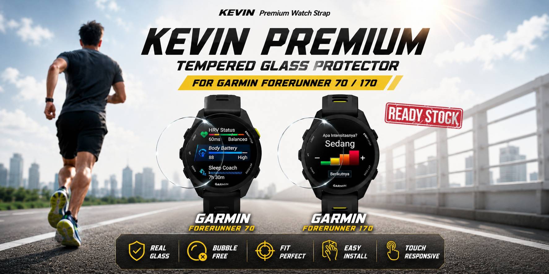 slide 5 ready stock tempered glass KEVIN untuk Garmin Forerinner 70 dan 170